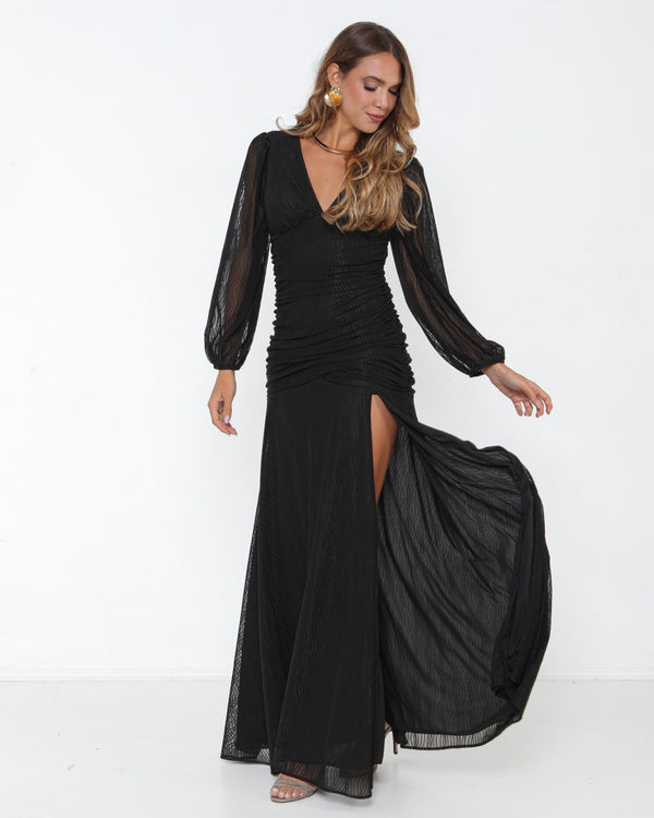 VESTIDO MANGA LONGA DRAPEADO TULE TRABALHADO PETRA FINA PRETO M