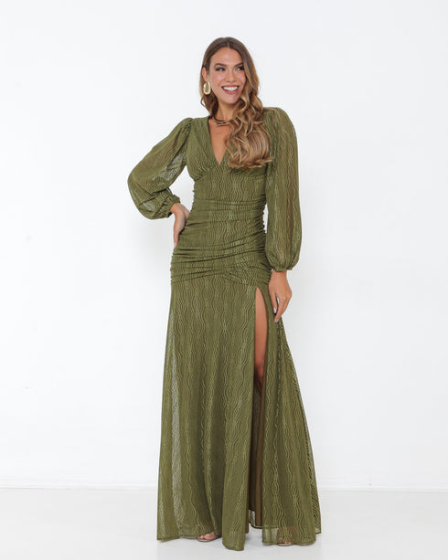 VESTIDO MANGA LONGA DRAPEADO TULE TRABALHADO PETRA FINA VERDE OLIVA M