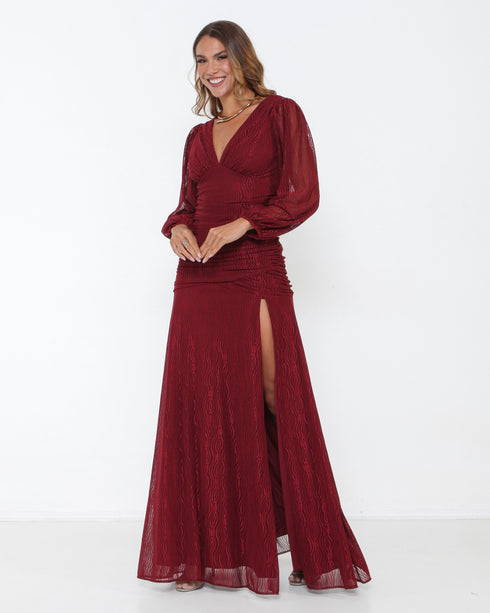 VESTIDO MANGA LONGA DRAPEADO TULE TRABALHADO PETRA FINA MARSALA M