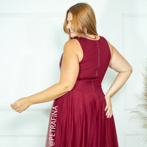 VESTIDO DE GOLA TULE TRABALHADO