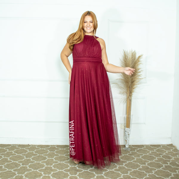 VESTIDO DE GOLA TULE TRABALHADO