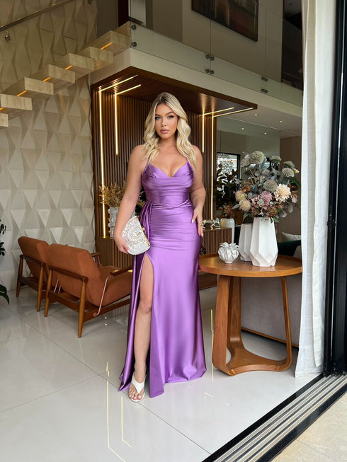 VESTIDO BABADO FENDA ALCINHA