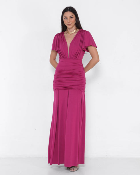 VESTIDO SEREIA COM MANGA PETRA FINA FUCSIA P