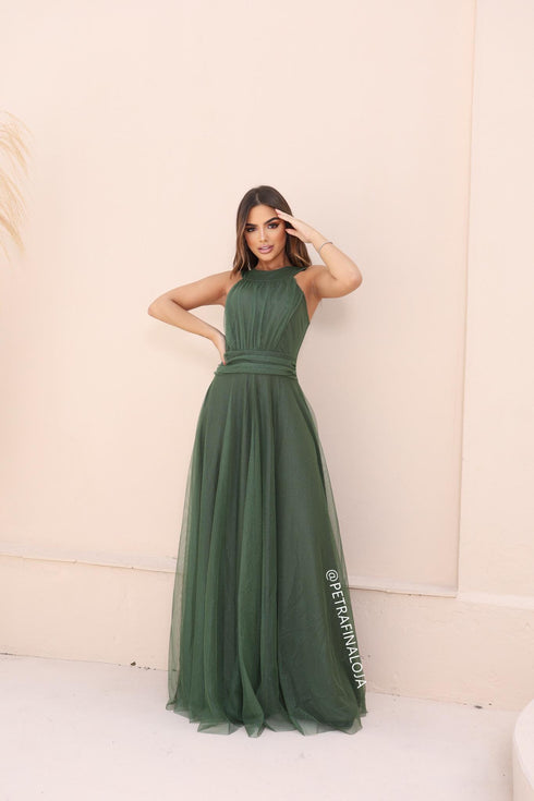 VESTIDO DE GOLA TULE TRABALHADO VESTIDO DE FESTA PETRA FINA