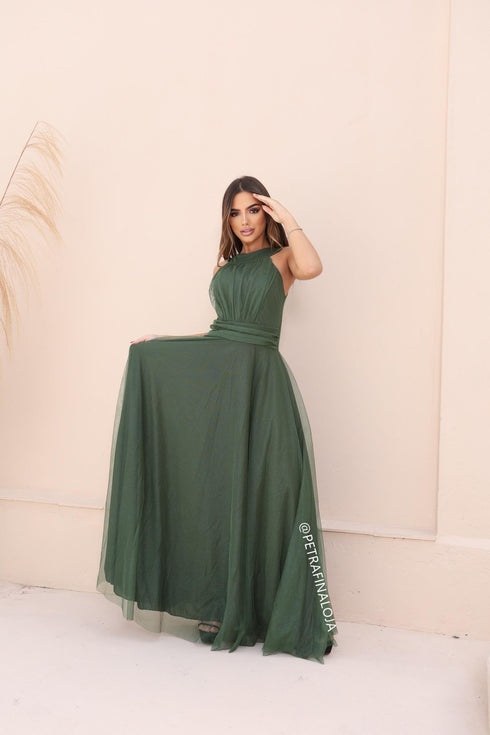 VESTIDO DE GOLA TULE TRABALHADO VESTIDO DE FESTA PETRA FINA