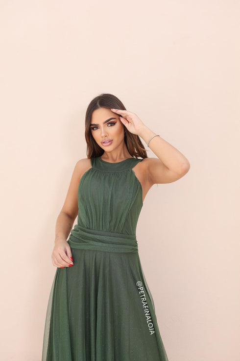 VESTIDO DE GOLA TULE TRABALHADO VESTIDO DE FESTA PETRA FINA