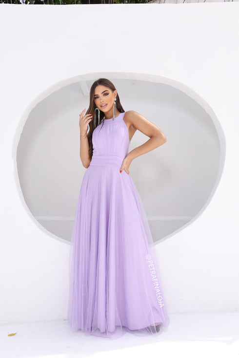 VESTIDO DE GOLA TULE TRABALHADO VESTIDO DE FESTA PETRA FINA