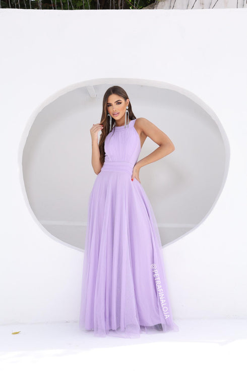 VESTIDO DE GOLA TULE TRABALHADO VESTIDO DE FESTA PETRA FINA