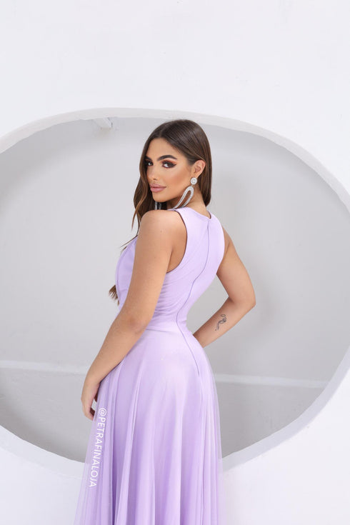 VESTIDO DE GOLA TULE TRABALHADO VESTIDO DE FESTA PETRA FINA