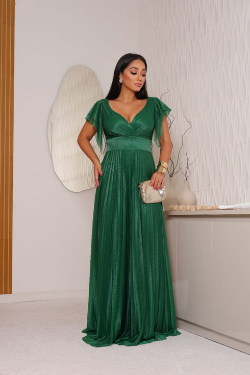 VESTIDO DE MANGUINHA SAIA PLISSADA VESTIDO DE FESTA PETRA FINA VERDE ESMERALDA M