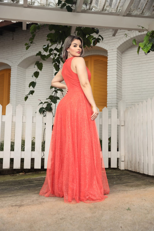 VESTIDO DE GOLA TULE TRABALHADO VESTIDO DE FESTA PETRA FINA