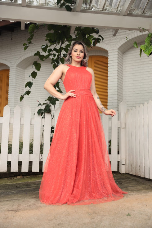 VESTIDO DE GOLA TULE TRABALHADO