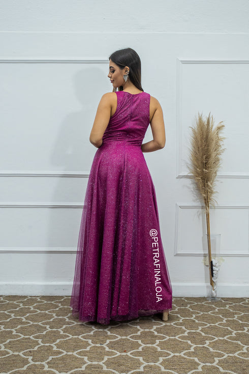 VESTIDO DE GOLA TULE TRABALHADO
