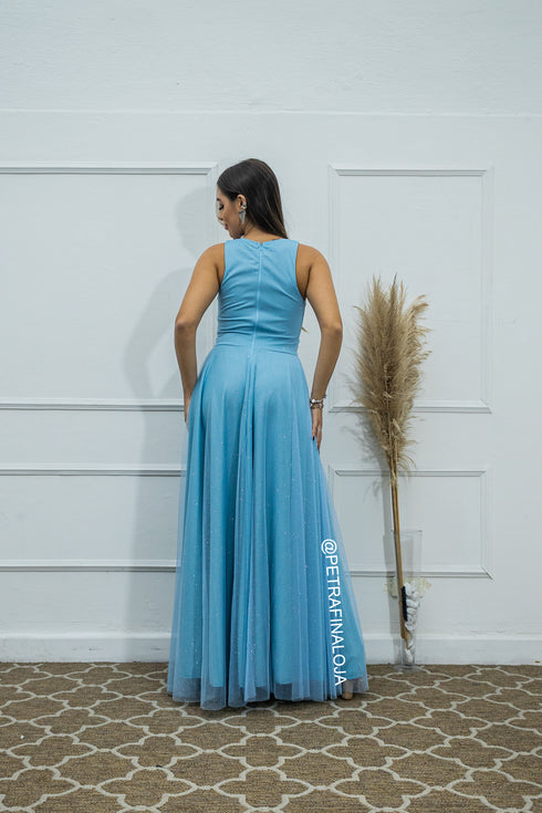 VESTIDO DE GOLA TULE TRABALHADO VESTIDO DE FESTA PETRA FINA