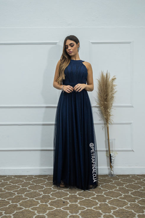 VESTIDO DE GOLA TULE TRABALHADO