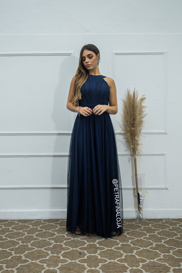 VESTIDO DE GOLA TULE TRABALHADO