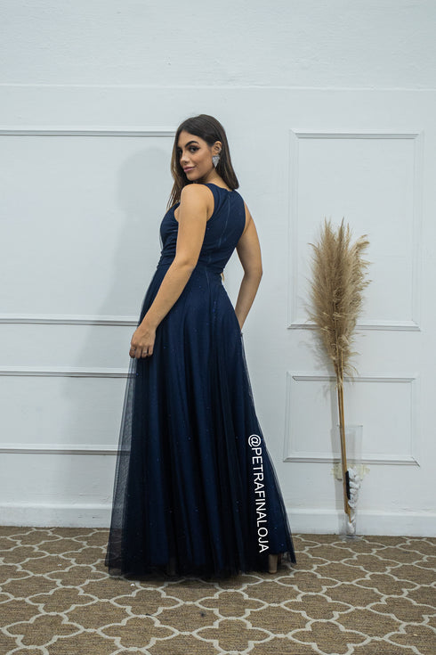 VESTIDO DE GOLA TULE TRABALHADO