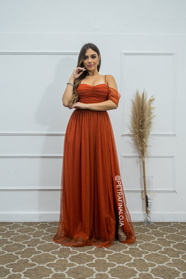 Vestido Franzido Ombro a Ombro da Petra Fina - TERRACOTA