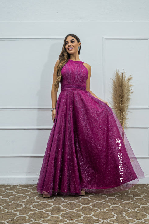 VESTIDO DE GOLA TULE TRABALHADO
