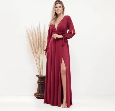 vestido manga longa liso Vestido Longo Petra Fina Moda Festa M MARSALA