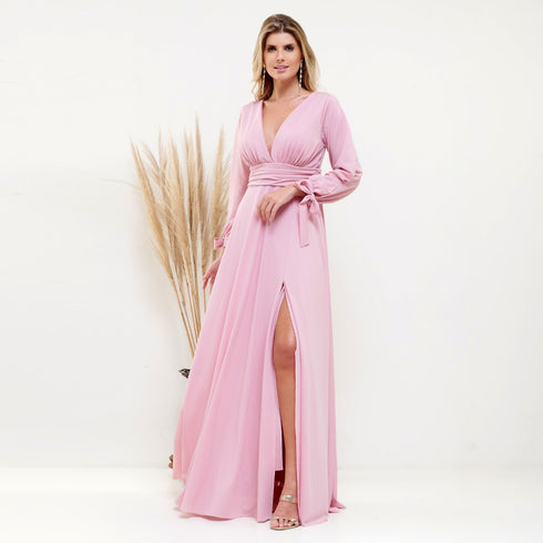 vestido manga longa liso Vestido Longo Petra Fina Moda Festa M ROSE